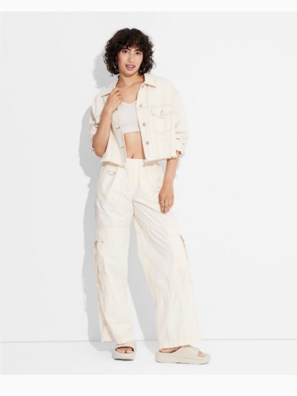 NWT XXS Wild Favle Off White Mid Rise Poplin Wide Leg Cotton Cargo Pants